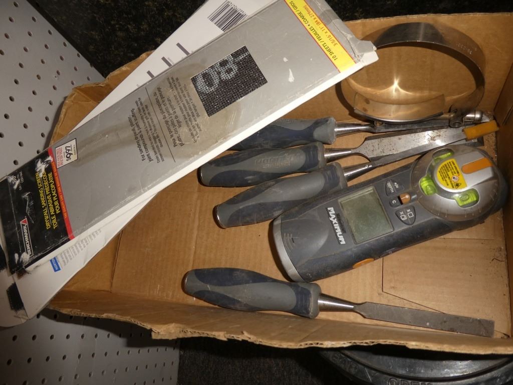 drywall sanding screen, chisels, rope