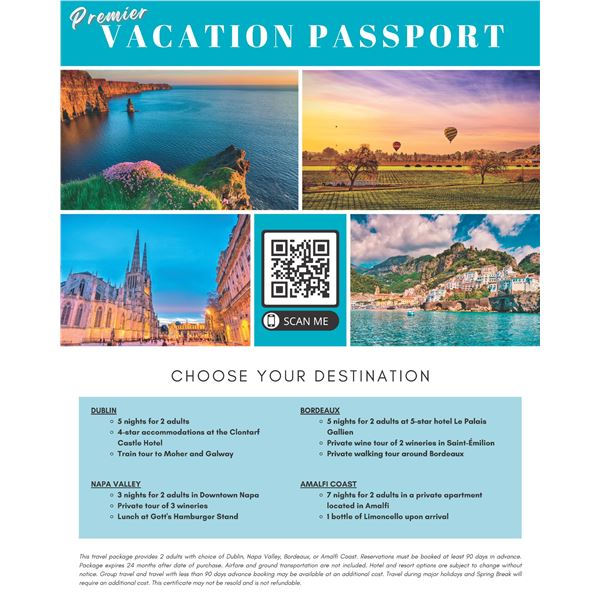 Choose Your Destination Ireland, France, Italy, California