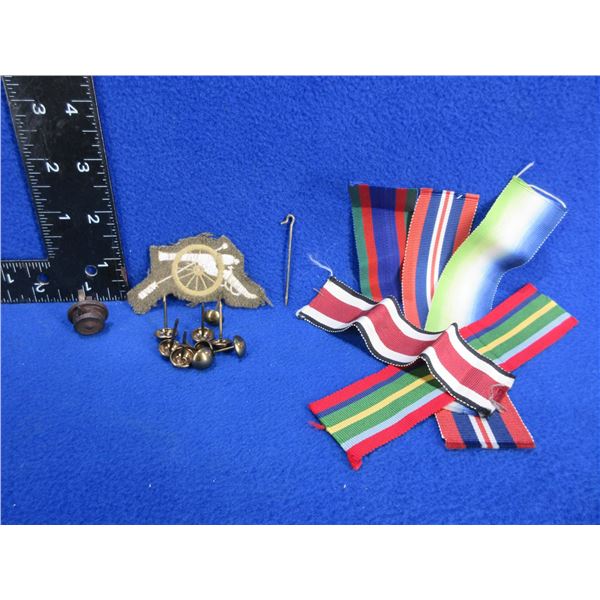 5 Medal ribbons, patch of canon & other misc.