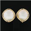 Image 2 : Vintage 14K Yellow Gold 16.5mm Mabe Pearl Open Wire Frame Button Omega Earrings