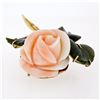 Image 8 : Vintage 14K Yellow Gold Carved Pink Coral Rose Flower w/ 3 Jade Leaf Brooch Pin