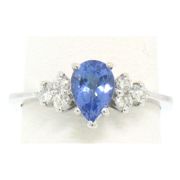 14K White Gold .93 ctw Pear Cut Solitaire Tanzanite & Round Diamonds Accents Rin