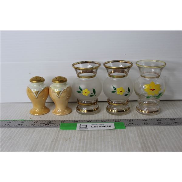 (3) Miniature Glass Vases, Salt and Pepper Shaker