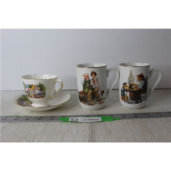 (2) Norman Rockwell Mugs and Misc. Tea Cup and Saucer