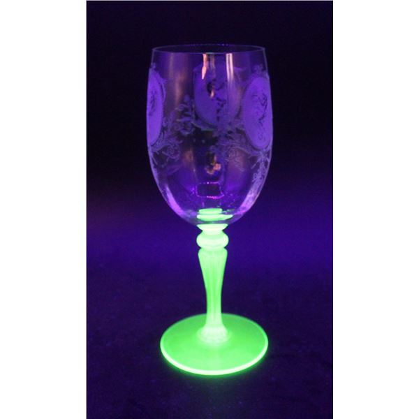 (4) Tiffin-Franciscan  Psyche Green  Uranium Glass Stemmed Wine Glasses