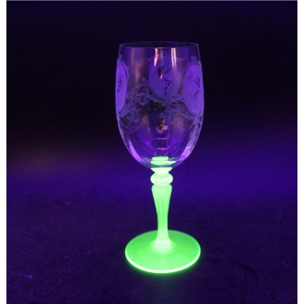 (4)Tiffin-Franciscan "Psyche Green" Uranium Glass Stemmed Wine Glasses