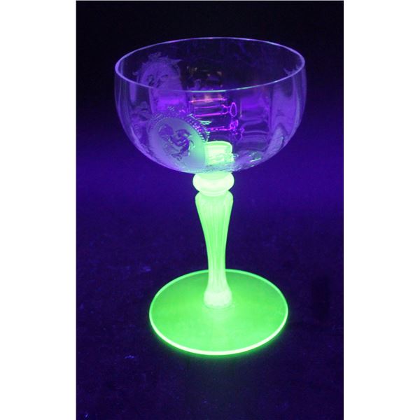 (4) Tiffin-Franciscan "Psyche Green" Uranium Glass Stemmed Champagne Glasses