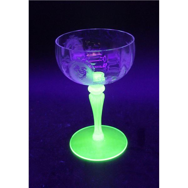 (3) Tiffin-Franciscan "Psyche Green" Uranium Glass Stemmed Champagne Glasses