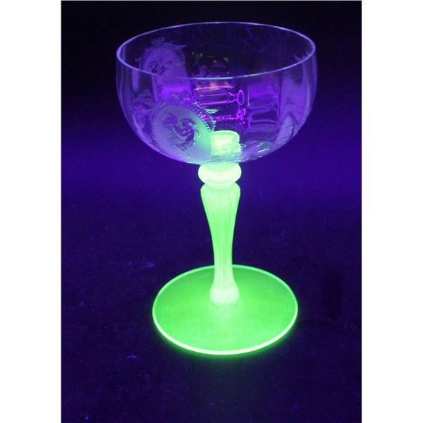 (4) Tiffin-Franciscan "Psyche Green" Uranium Glass Stemmed Champagne Glasses