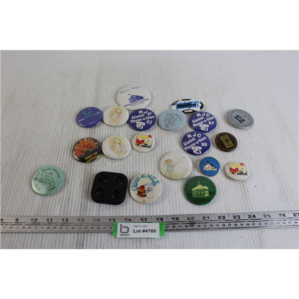 (19) Assorted Pins/Buttons - Drink Milk, Precious Moments, Smurfs-esque, Care Bears-esque