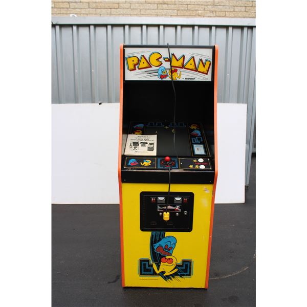 ** 1980's Stand-up Coin Operated Pac Man Arcade Game (25x34x65) (Details in Description)