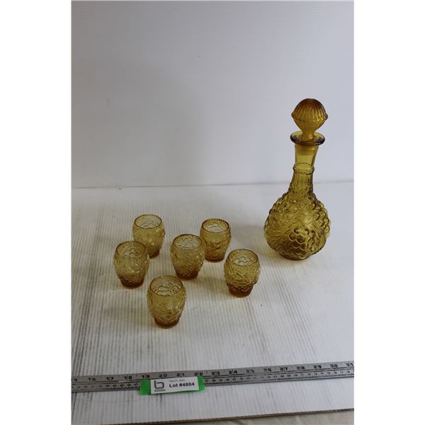 1970s Amber Glass Decanter with (6) Matching Glasses