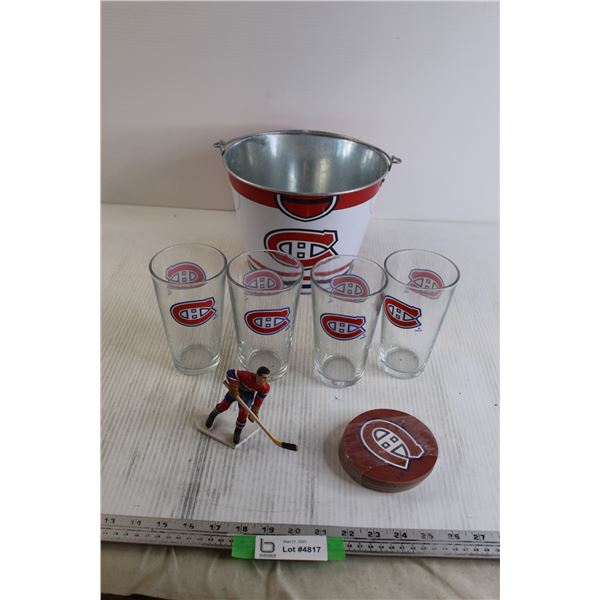 Assorted Montreal Canadiens Items - Ice Bucket, Figurine, (12) Coasters - Sealed, (4) Glasses