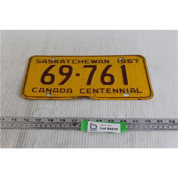 Saskatchewan 1967 License Plate