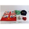 Image 1 : Golf Ball Pouch, (2) Flags - Saskatchewan and Britain, (2) Hats, Beaded Soft Heart Decoration