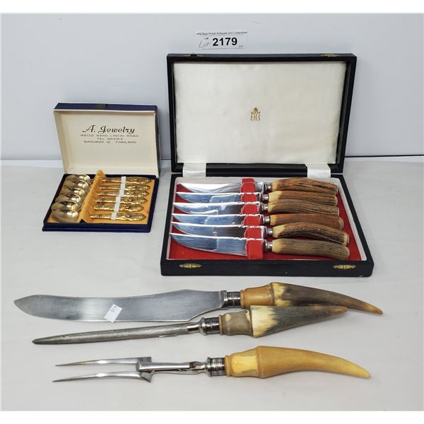 Bone Handled Carving Set With Sharpener, Birks Steak Knives In Box And