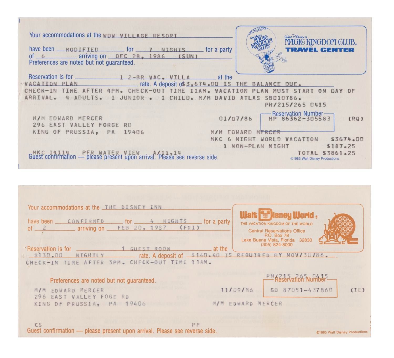 Pair of Walt Disney World Hotel Confirmation Receipts. - Van Eaton ...