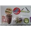 Image 2 : 956. Lot of items, pinbacks, cigarette cards, jackknife, clock key, vintage glasses