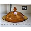 Image 1 : Vintage amber honey indiana glass butter dish & lid. Diamond point pattern.
