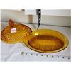 Image 2 : Vintage amber honey indiana glass butter dish & lid. Diamond point pattern.