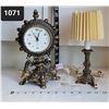 Image 1 : Vintage ornate metal lamp & clock.