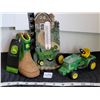 Image 1 : John Deere collector group. New thermometer, Boot & metal garden tractor.