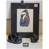 Image 1 : Norval Morrisseau “Bird Family” water color with wolf original & Aardik sculptures.
