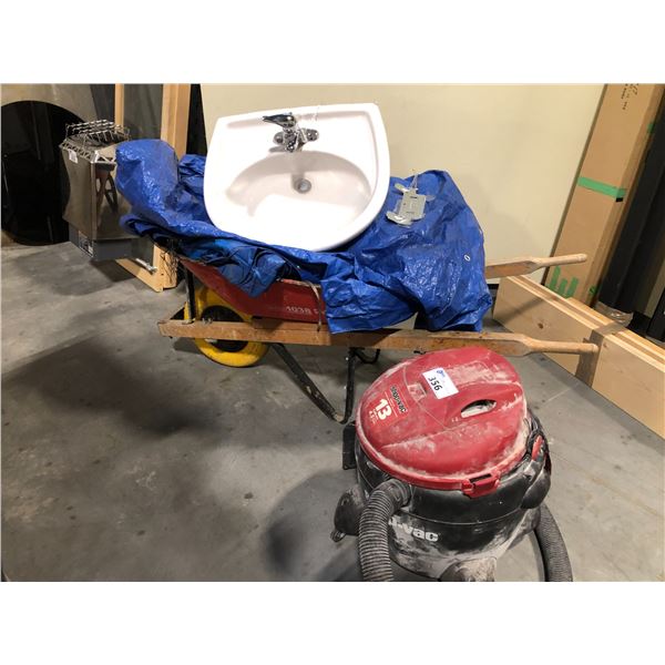 13 GALLON SHOP VAC, WHEELBARROW AND SINK