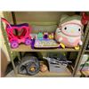 Image 1 : 2 SHELVES OF ASSORTED ITEMS INCLUDING; HELLO KITTY PLUSH DOLL, ABC BOARD AND MORE