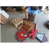 Image 1 : Wooden Plant Stand, Tonka Work Bench, 2 Light Up Yard Ornaments, Gas Can