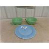 Image 1 : 2 Fire King Jadeite Mixing Bowls with Handle  + Pour Lip & Pyrex Delphite Plate