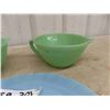 Image 2 : 2 Fire King Jadeite Mixing Bowls with Handle  + Pour Lip & Pyrex Delphite Plate