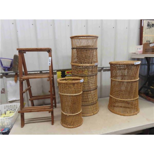 4 Items ; Wicker Plant Stand & Wooden Planter