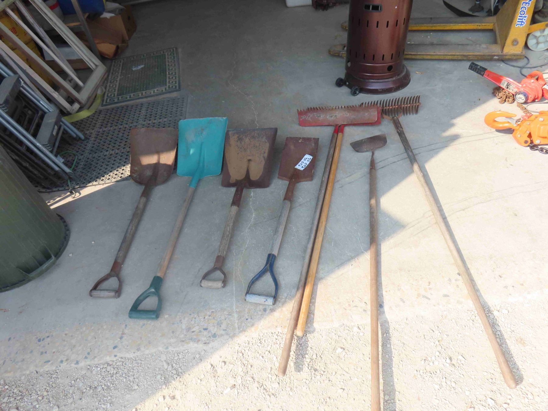 4 Shovels, 3 Rakes, Hoe