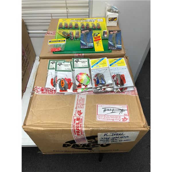 2 boxes full or assorted fishing items - includes lake trolls / rainbow trolls / salmon catchers / f