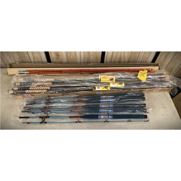 Large group of assorted fishing rods includes approx 10 Eagle Claw