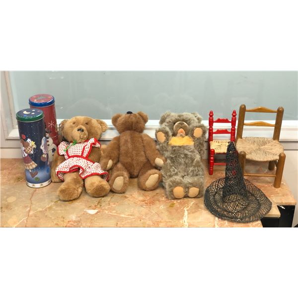 Gorup of assorted vintage estate bears, doll chairs etc