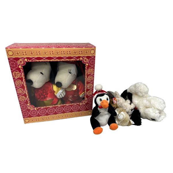 Group of assorted stuffed toys - includes collectible Coca Cola bean bag plush penguin/ TY toys etc.