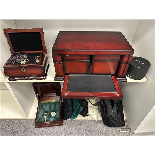 Large group of assorted jewelry boxes w/ misc./ jewelry & watches