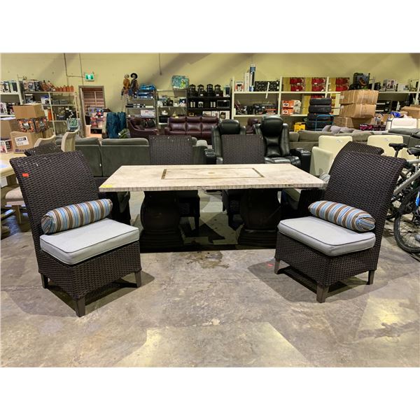 PATIO TABLE (78 X42 X28 ) & 6 CHAIRS WITH CUSHIONS & LUMBAR PILLOWS