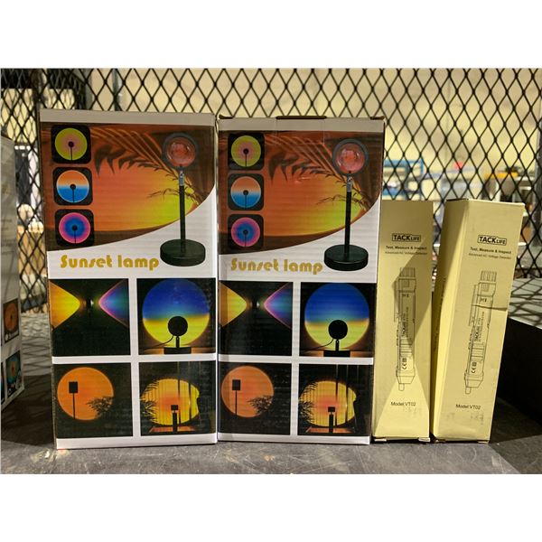 2 SUNSET LAMPS AND 2 TACKLIFE AC VOLTAGE DETECTORS