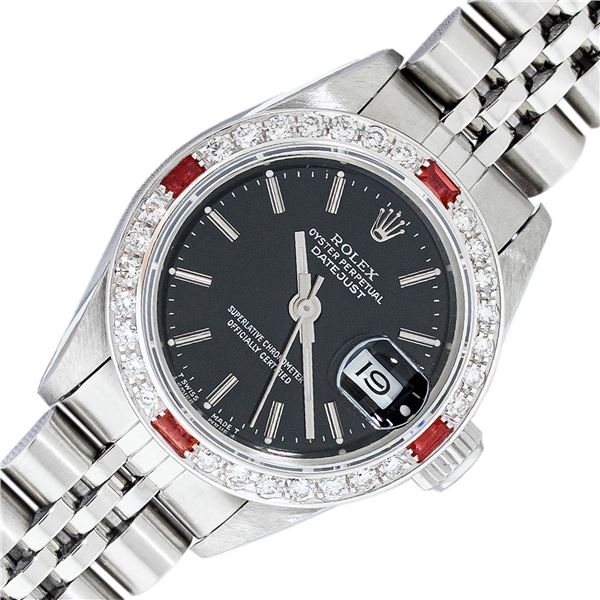 Rolex Ladies Stainless Steel Quickset Black Index Diamond And Ruby Bezel Datejus