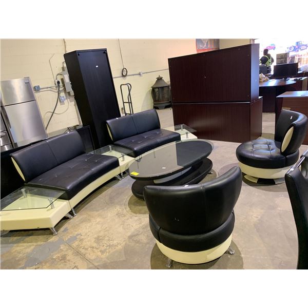 MODERN LEATHER MATCHING RECEPTION AREA FURNITURE; SOFA WITH GLASS ACCENTS, 2 CHAIRS AND GLASS TOP