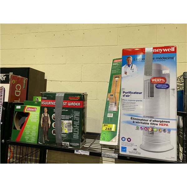 HONEYWELL AIR PURIFIER, COLEMAN 30  DISTRIBUTION TREE, WADERS AND 2 TENT FANS