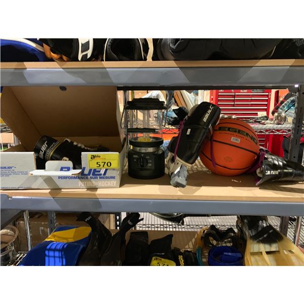 2 PAIRS OF SKATES, COLEMAN LANTERN AND BASKETBALL