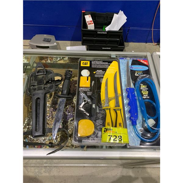 NEW AQUAKNIFE, NEW CAT 7-PC TACKLE BOX FILLET KNIFE KIT & SEAHORSE KNIFE WITH SHEATH