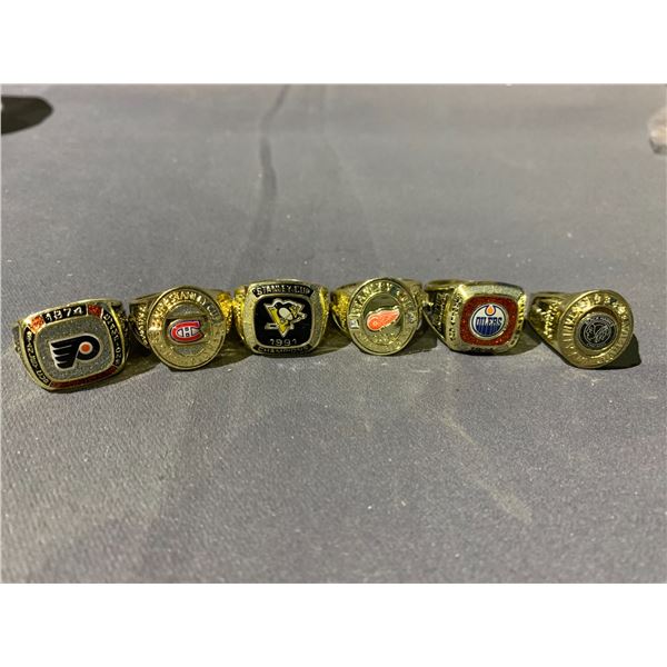 6 ASSORTED MEN'S REPLICA STANLEY CUP RINGS INCLUDING; PITTSBURGH PENGUINS, EDMONTON OILERS,