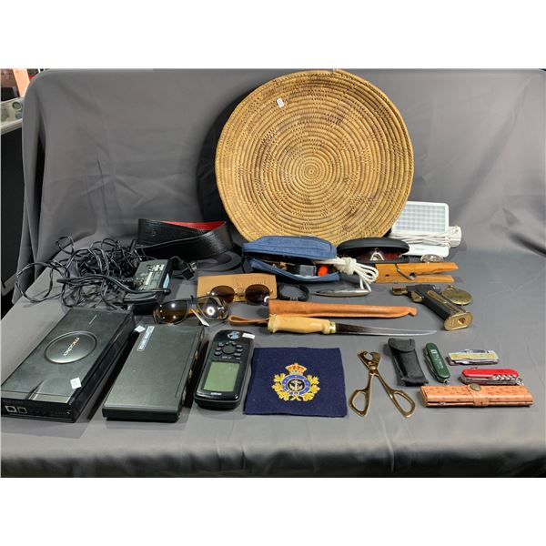 ASSORTED ITEMS INCLUDING; CIGAR SCISSORS, KNIFE, GARMIN GPS 72 & MORE