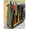 Image 2 : RACK OF ASSORTED WATERPROOF CLOTHING INCLUDING; HIP WADERS, RAIN SUITS, STORM HOODS & MORE (RACK