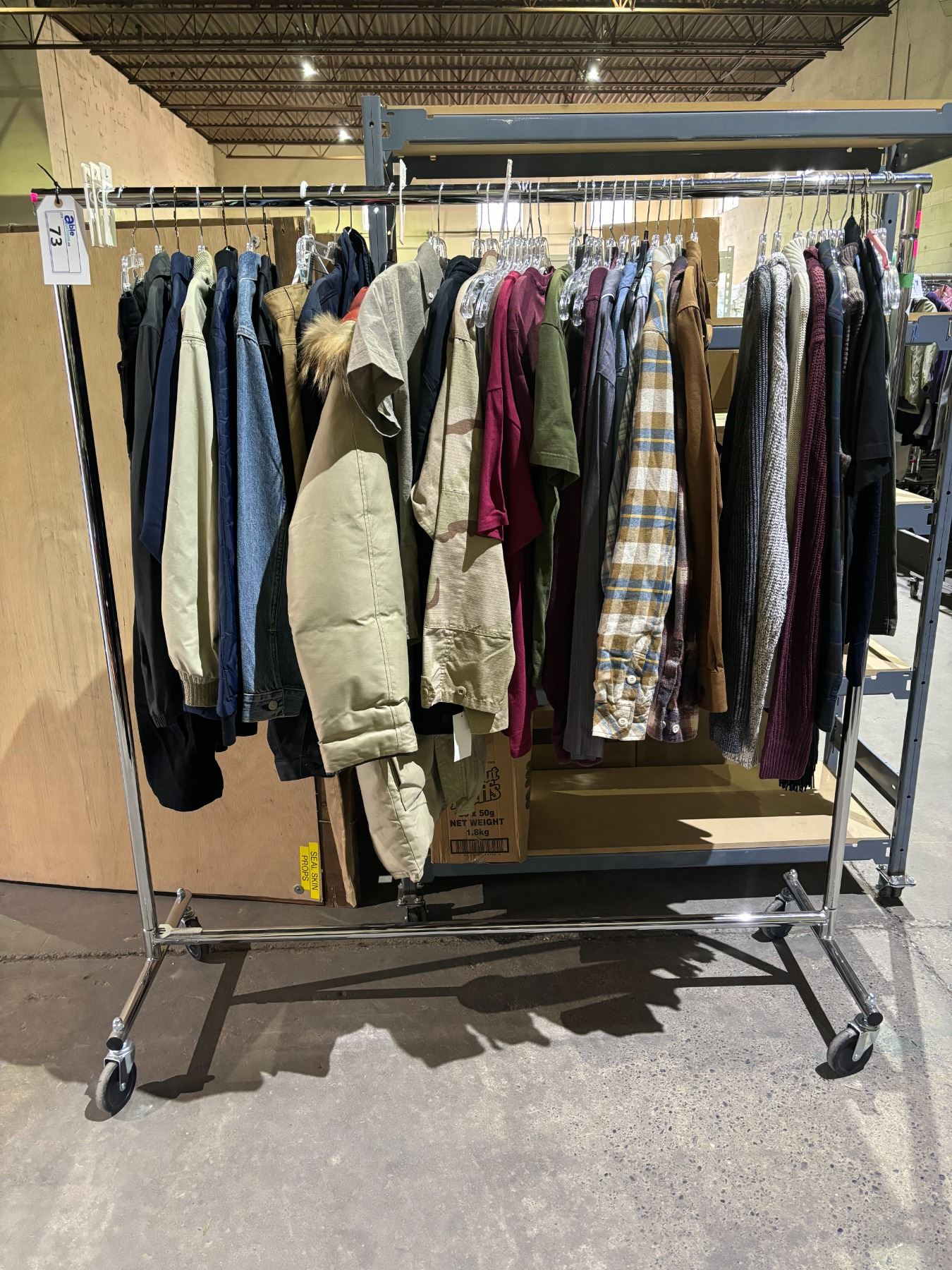 RACK OF ASSORTED CLOTHING INCLUDING; JACKETS, SWEATERS, PANTS & MORE ...